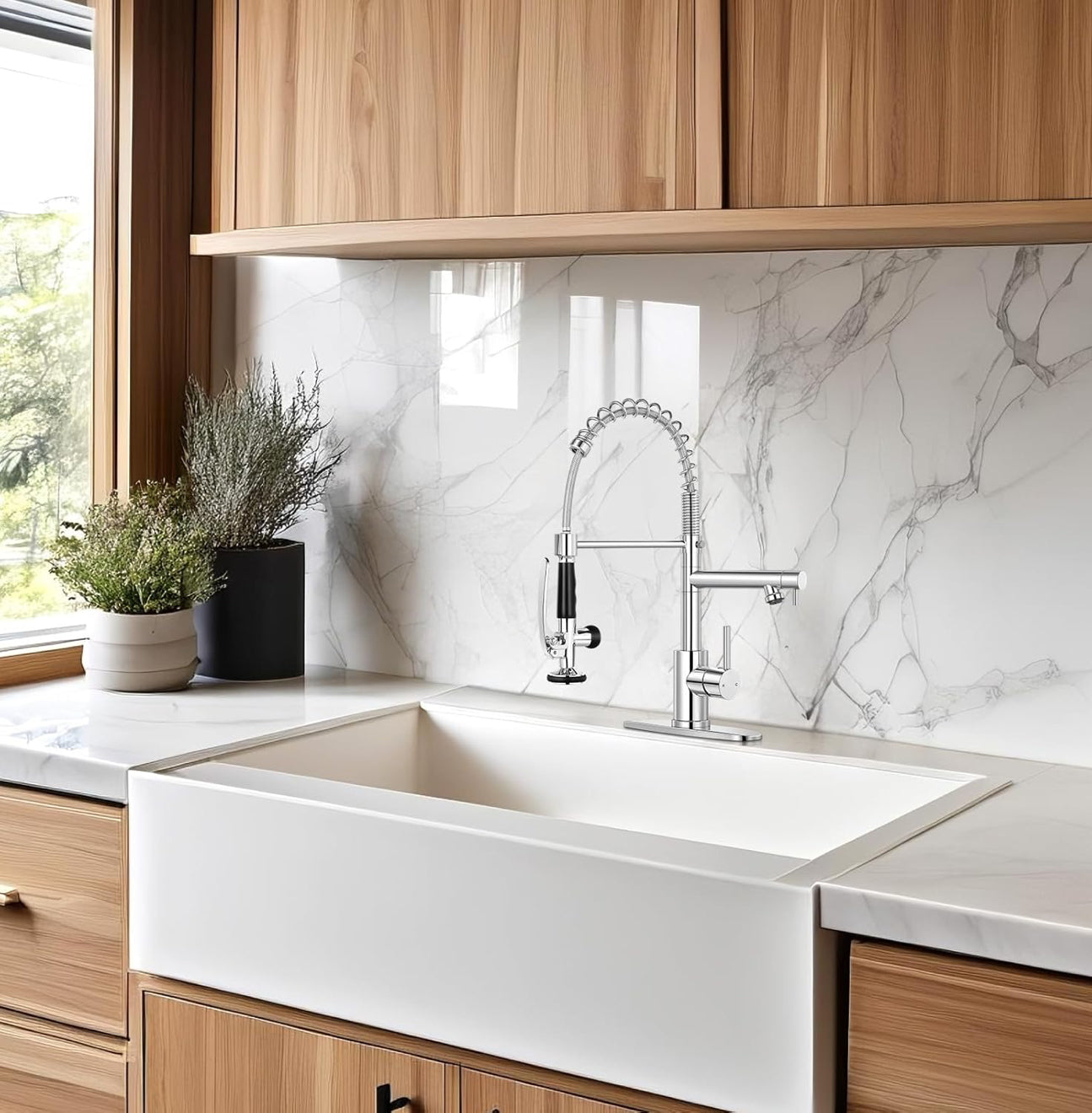 Commercial Kitchen Faucet with Pull Down Sprayer and Pot Filler – Dual Handle, High Arc Spring Design, 360° Swivel Spout, Deck Mount,Brushed Nickel 1010-33N