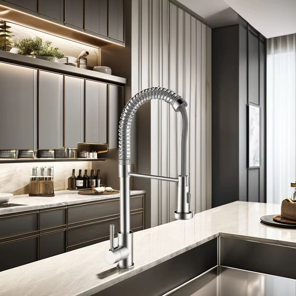 Commercial Kitchen Faucet with Dual-Function Sprayer - Pull Down Spring Single Handle Faucet with Stream & Spray Mode, Brushed Nickel Finish 1252-33N