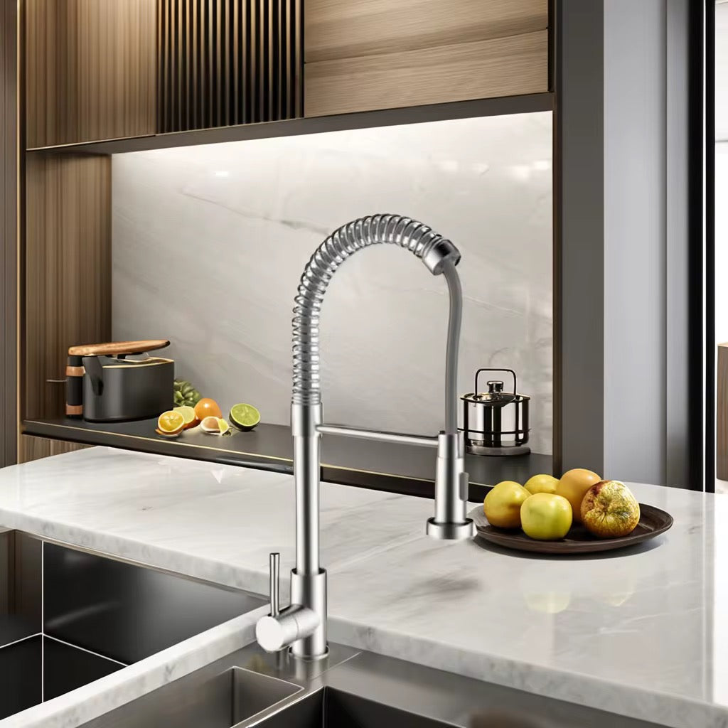 Commercial Kitchen Faucet with Dual-Function Sprayer - Pull Down Spring Single Handle Faucet with Stream & Spray Mode, Brushed Nickel Finish 1252-33N