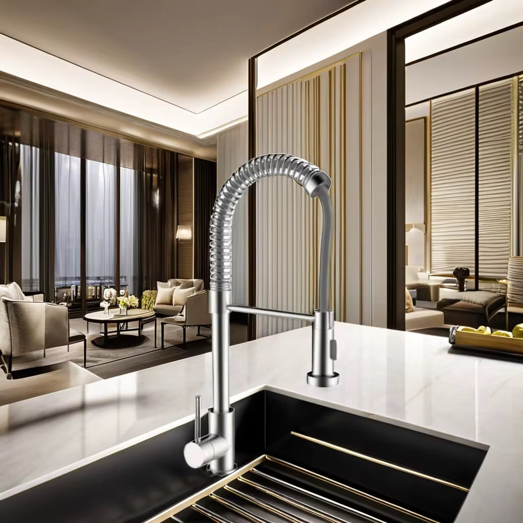 Commercial Kitchen Faucet with Dual-Function Sprayer - Pull Down Spring Single Handle Faucet with Stream & Spray Mode, Brushed Nickel Finish 1252-33N