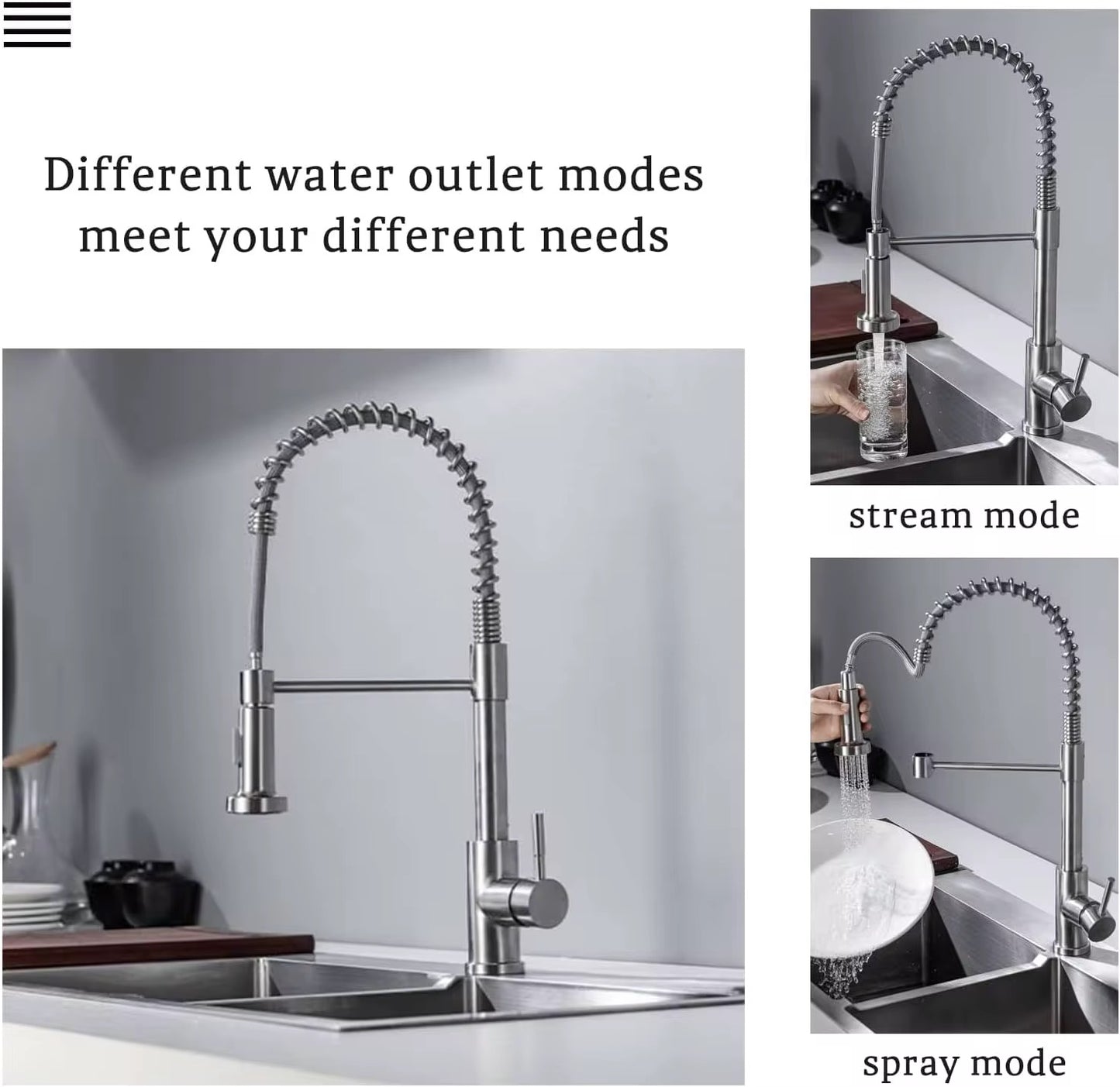 Commercial Kitchen Faucet with Dual-Function Sprayer - Pull Down Spring Single Handle Faucet with Stream & Spray Mode, Brushed Nickel Finish 1252-33N