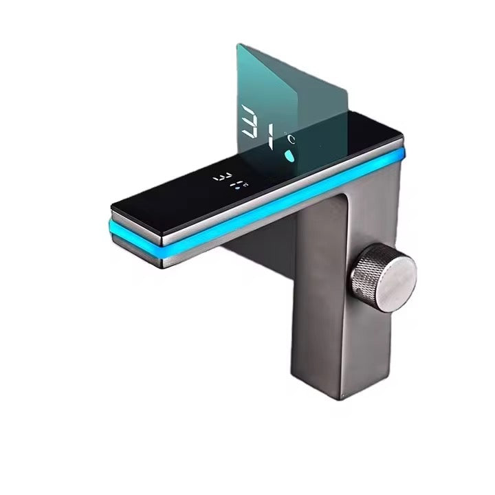 Click to see full view             Modern Touch Sensor LED Bathroom Faucet – Matte Grey Smart Water Tap with Temperature Display, Knob Control & Streamline Design – Single Hole, Deck-Mount