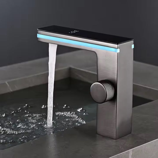 Click to see full view             Modern Touch Sensor LED Bathroom Faucet – Matte Grey Smart Water Tap with Temperature Display, Knob Control & Streamline Design – Single Hole, Deck-Mount