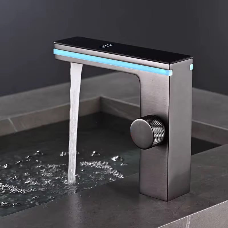 Click to see full view             Modern Touch Sensor LED Bathroom Faucet – Matte Grey Smart Water Tap with Temperature Display, Knob Control & Streamline Design – Single Hole, Deck-Mount