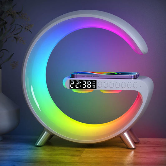 Bluetooth Speaker Wireless Phone Charger Station, G Shaped Music Lit Lamp, Colorful Atmosphere Light Wireless Charging and Alarm Clock, RGB Night Light for Bedroom, Office, Home Decor (White Multi Colored)