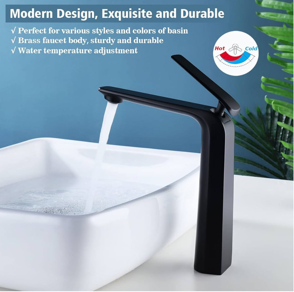 Modern Bathroom Faucet – Tall Single Handle Waterfall Mixer Tap for Vessel Sink – Sleek Contemporary Design, Easy Installation