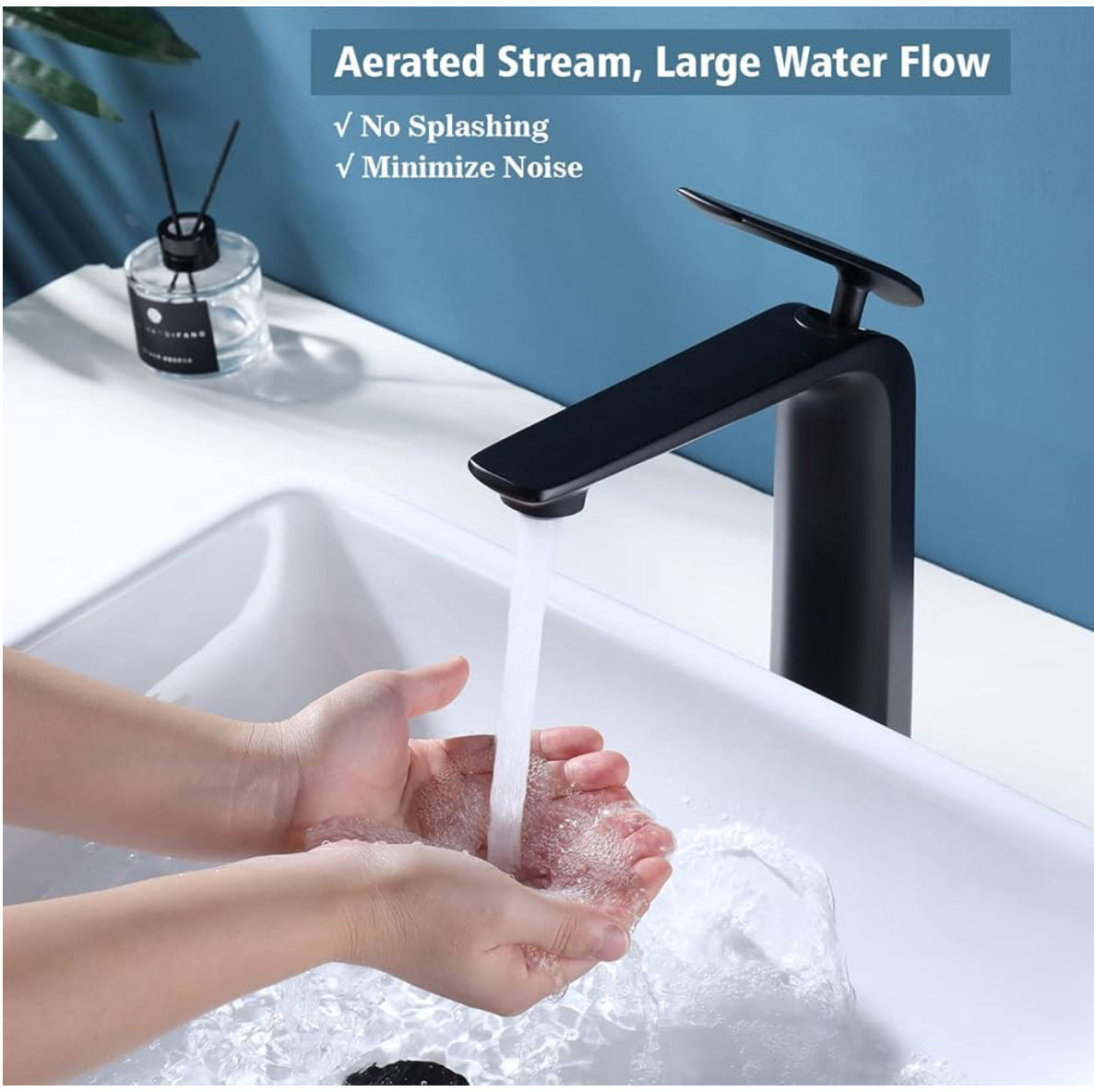 Modern Bathroom Faucet – Tall Single Handle Waterfall Mixer Tap for Vessel Sink – Sleek Contemporary Design, Easy Installation