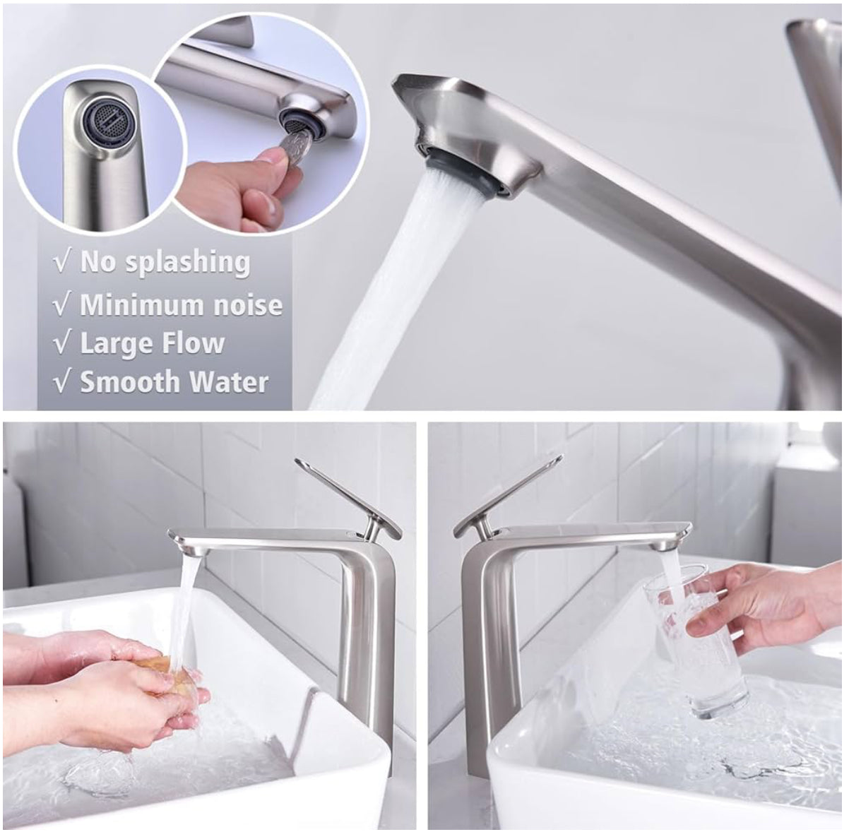 Modern Bathroom Faucet – Tall Single Handle Waterfall Mixer Tap for Vessel Sink – Sleek Contemporary Design, Easy Installation