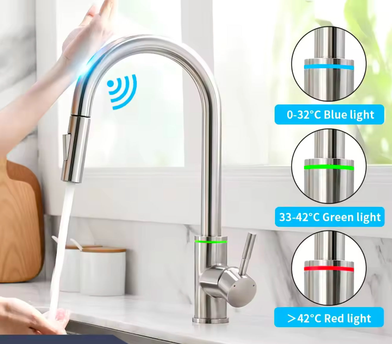 Luxury Modern Design Brass Goumet Pull Down Smart Touch Sensor Kitchen Faucet with Led 3 Way Water Saving Faucet Hot Cold Mixers Tap