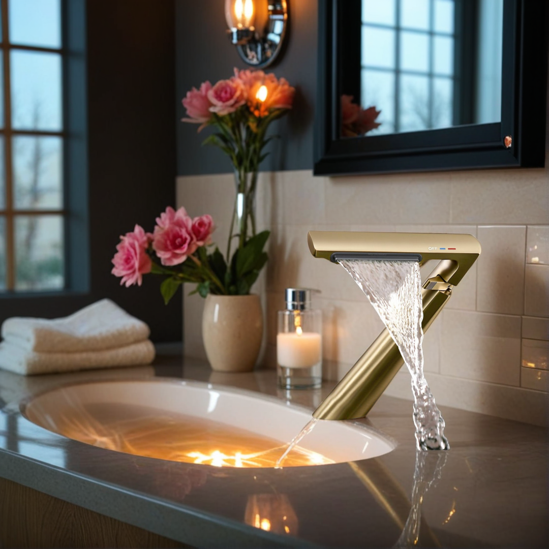 Bathroom Sink Faucet, Waterfall Bathroom Faucet for 1 Hole, Single Handle Faucets, Brass Bathroom Faucet with 2 Supply Hoses for Rv Sink Vanity Restroom