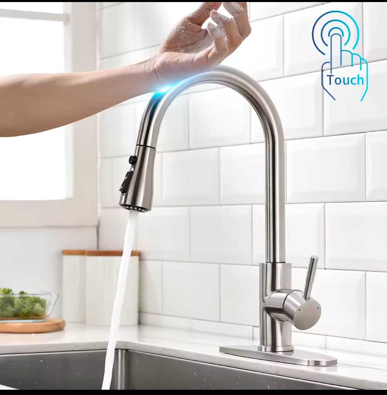 Luxury Modern Design Brass Goumet Pull Down Smart Touch Sensor Kitchen Faucet with Led 3 Way Water Saving Faucet Hot Cold Mixers Tap