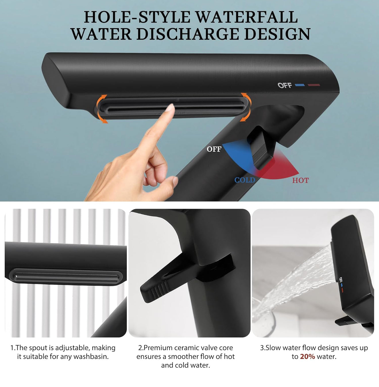 Bathroom Sink Faucet, Waterfall Bathroom Faucet for 1 Hole, Single Handle Faucets, Brass Bathroom Faucet with 2 Supply Hoses for Rv Sink Vanity Restroom