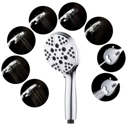 8-mode Handheld Shower Head - Anti-clog Nozzles, Built-in Power Wash to Clean Tub, Tile & Pets. Stainless Steel, Wall & Overhead Brackets