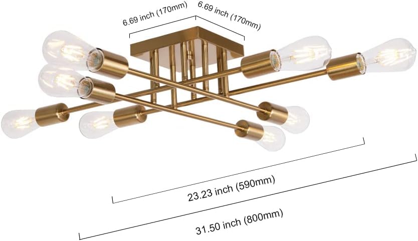 2 Modern Semi Flush Mount Light 8 Light Brushed Brass Industrial Sputnik Ceiling Light Mid Century Lighting Fixture for Dining Room Living Room Kitchen Bedroom Foyers