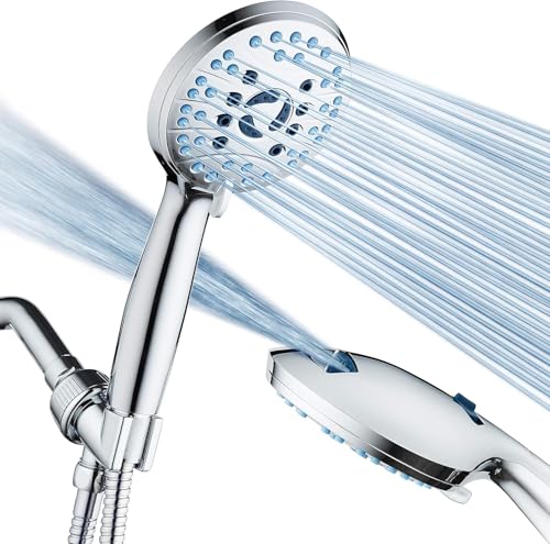 8-mode Handheld Shower Head - Anti-clog Nozzles, Built-in Power Wash to Clean Tub, Tile & Pets. Stainless Steel, Wall & Overhead Brackets