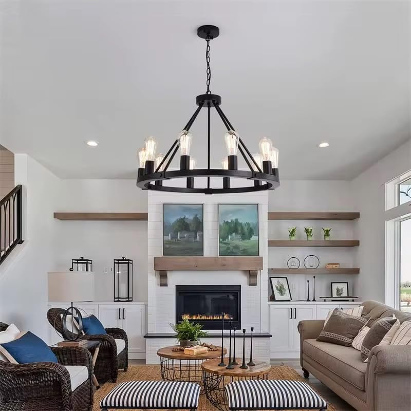 8 Lights Wagon Wheel Chandelier, Black Kitchen Island Lighting Fixture Round Metal Industrial Farmhouse Dining Room Pendant Light for Living Room Foyer Entryway,E26 Socket, 23.6".