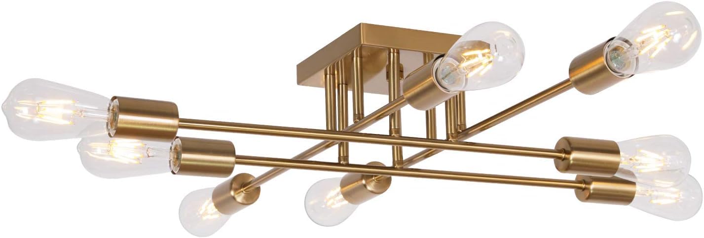 2 Modern Semi Flush Mount Light 8 Light Brushed Brass Industrial Sputnik Ceiling Light Mid Century Lighting Fixture for Dining Room Living Room Kitchen Bedroom Foyers