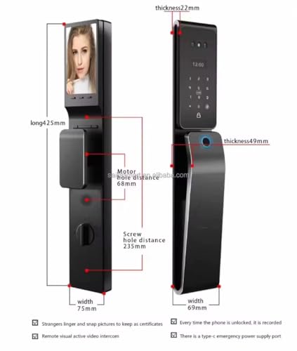 3D Face Recognition Smart Door Lock with Touchscreen Display, WiFi App Control, Fingerprint Unlock, Keypad Passcode, RFID IC Card, Mechanical Key & Video Intercom – Keyless Entry Digital Lock