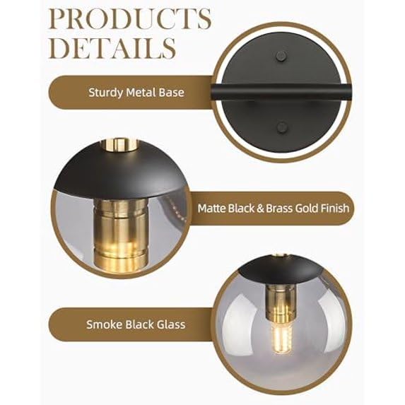 Light Matte Black Vanity Light, Modern Bathroom Lighting Over Mirror, Black and Brass Gold Finish with Globe Glass Shade