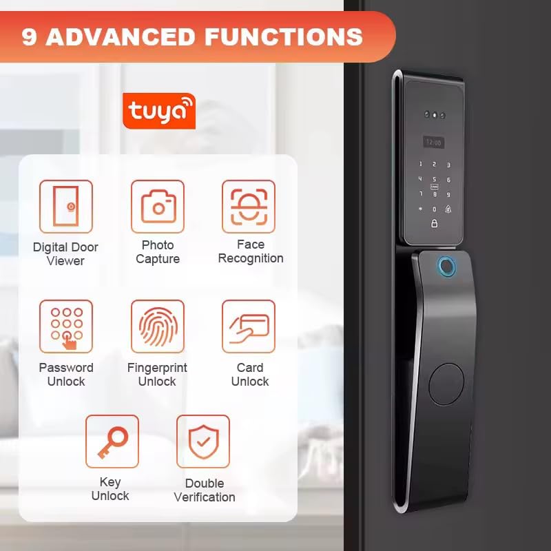 3D Face Recognition Smart Door Lock with Touchscreen Display, WiFi App Control, Fingerprint Unlock, Keypad Passcode, RFID IC Card, Mechanical Key & Video Intercom – Keyless Entry Digital Lock