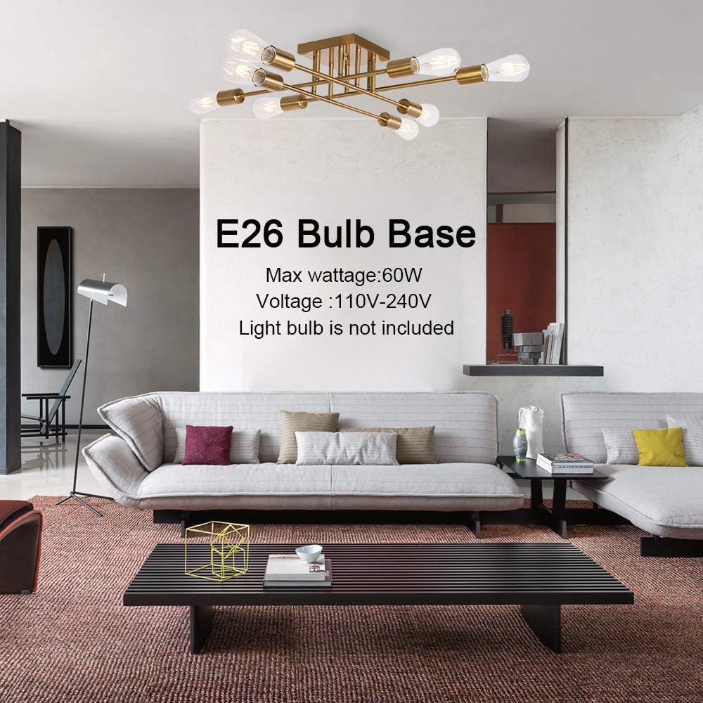 2 Modern Semi Flush Mount Light 8 Light Brushed Brass Industrial Sputnik Ceiling Light Mid Century Lighting Fixture for Dining Room Living Room Kitchen Bedroom Foyers